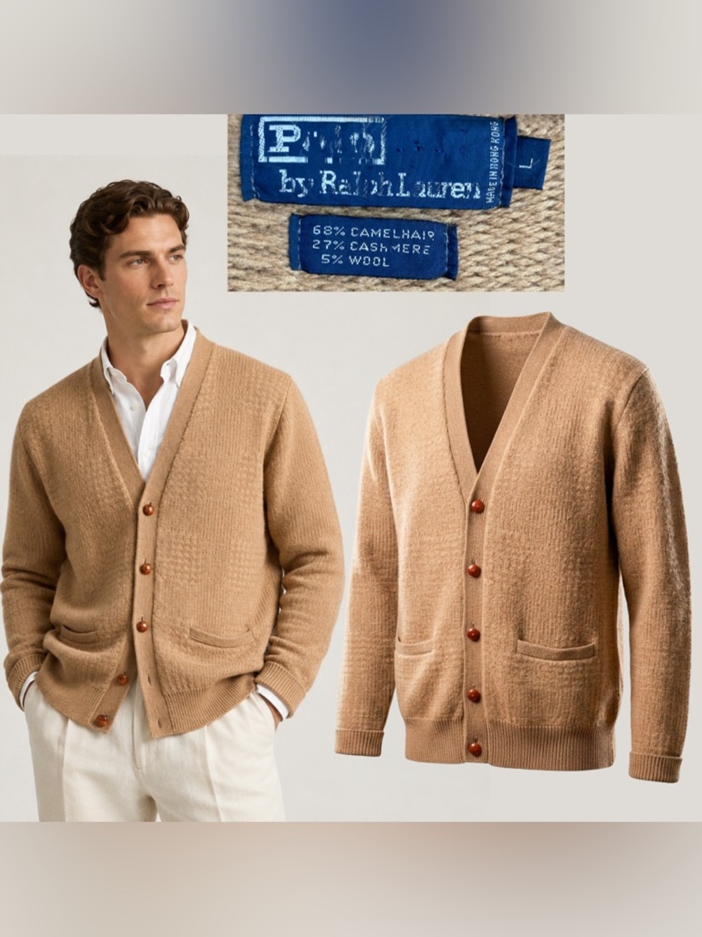 Polo Ralph Lauren Vintage Camel Hair Cashmere Cardigan Sweater Mens L Hong Kong